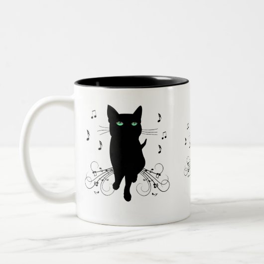 Black Cat Surrounded by Whispering Notes of Music Zweifarbige Tasse (Links)