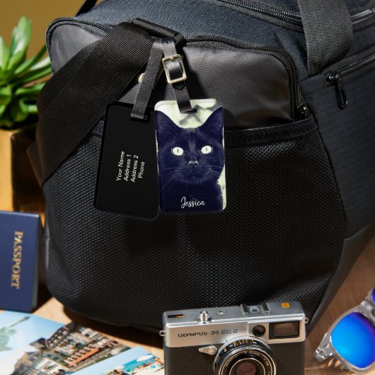 Black Cat Süße Tier Foto Personalisiert Name Gepäckanhänger (Vorderseite & Rückseite)