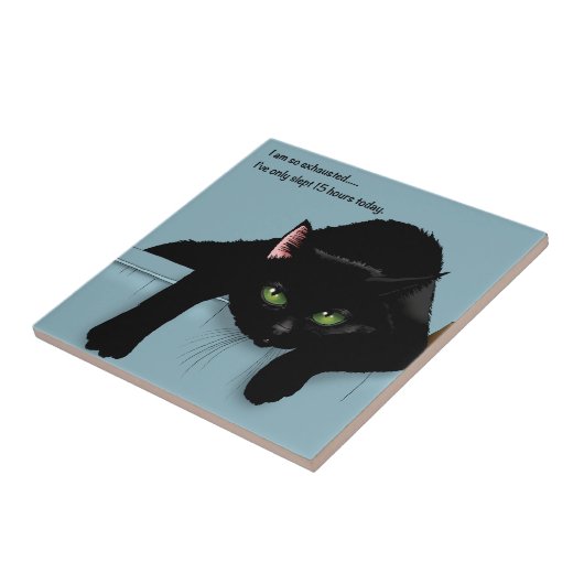 Black Cat Tired Blue Funny Fliese (Seite)