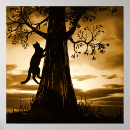 Black Cat Tree Silhouette Sunset Poster Printwerbu