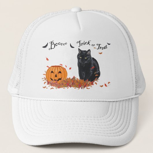 Black Cat Trick oder Treat Halloween Truckerkappe (Vorderseite)