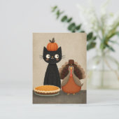 Black Cat, Turkey& Pumpkin Pie Cute Thanksgiving Postkarte (Stehend Vorderseite)