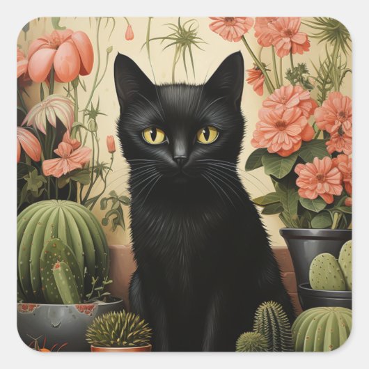 Black Cat und Cactus Pflanze Quadratischer Aufkleber (Vorderseite)