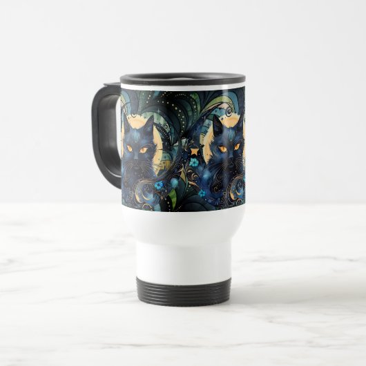 Black Cat und Celestial Moon Travel Mug Reisebecher (Vorderseite Links)