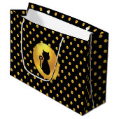 Black Cat und Gold Polka Dots Große Geschenktüte (Vorderseite Schrägansicht)