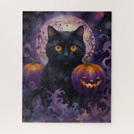 Black Cat und Halloween Pumpkins auf Mondlicht Puzzle