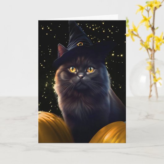 Black Cat und Hexenhut Pumpkins Happy Halloween Karte (Gelbe Blume)