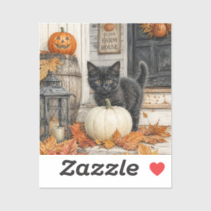Black Cat und Kürbisfarmhaus Halloween Aufkleber