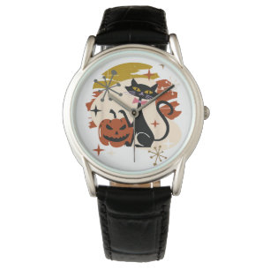 Black Cat und Pumpkin Atomic Retro Halloween T-Shi Armbanduhr