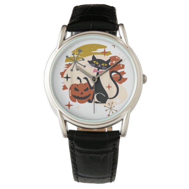 Black Cat und Pumpkin Atomic Retro Halloween T-Shi Armbanduhr (Vorderseite)