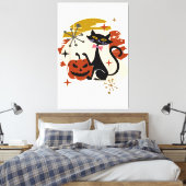Black Cat und Pumpkin Atomic Retro Halloween T-Shi Leinwanddruck (Insitu (Schlafzimmer))