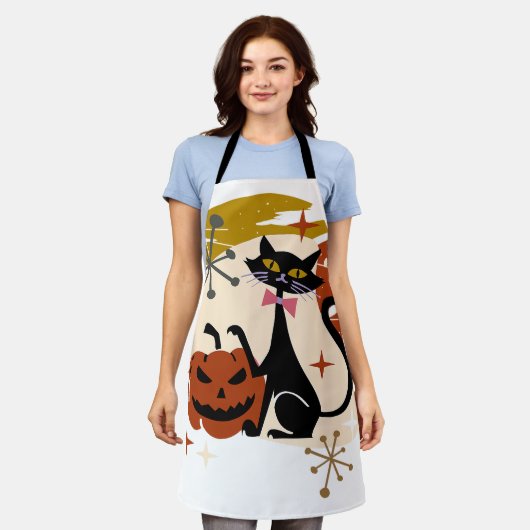 Black Cat und Pumpkin Atomic Retro Halloween T-Shi Schürze (Getragen)