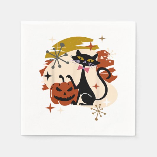 Black Cat und Pumpkin Atomic Retro Halloween T-Shi Serviette (Vorderseite)