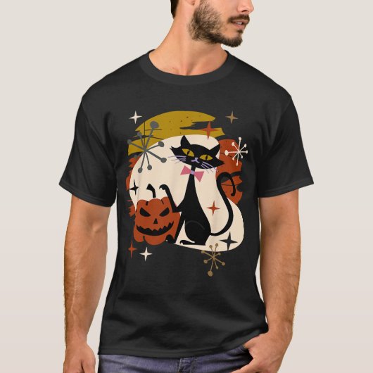 Black Cat und Pumpkin Atomic Retro Halloween T-Shi T-Shirt (Vorderseite)