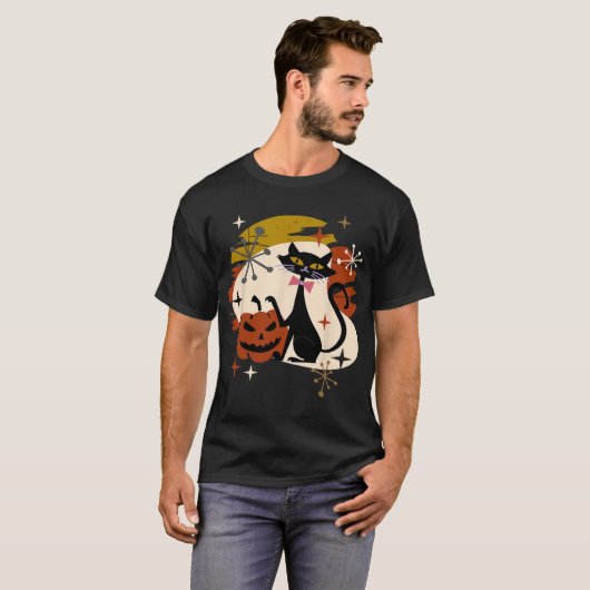 Black Cat und Pumpkin Atomic Retro Halloween T-Shi T-Shirt (Vorne ganz)
