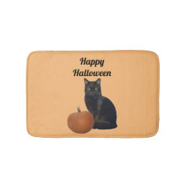 Black Cat und Pumpkin Happy Halloween Orange Badematte