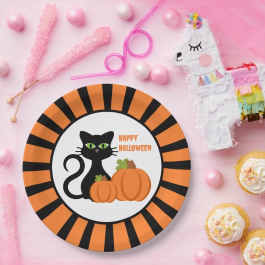 Black Cat und Pumpkins Happy Halloween Paper Plate Pappteller (Party)
