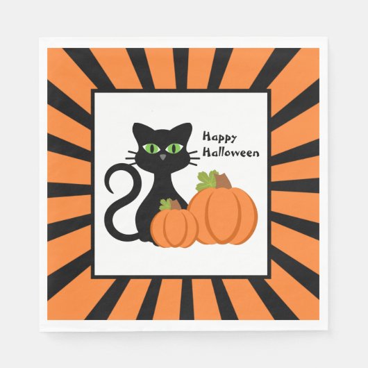 Black Cat und Pumpkins Happy Halloween Serviette (Vorderseite)