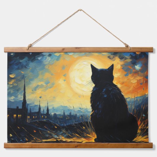 Black Cat und Starry Night Wandteppich Mit Holzrahmen (Vorne)