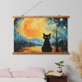 Black Cat und Starry NighWood Topped Wall Tapestry Wandteppich Mit Holzrahmen