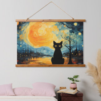 Black Cat und Starry NighWood Topped Wall Tapestry Wandteppich Mit Holzrahmen
