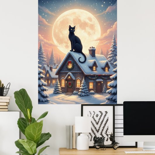 Black Cat Under full Moon Poster (Heimbüro)
