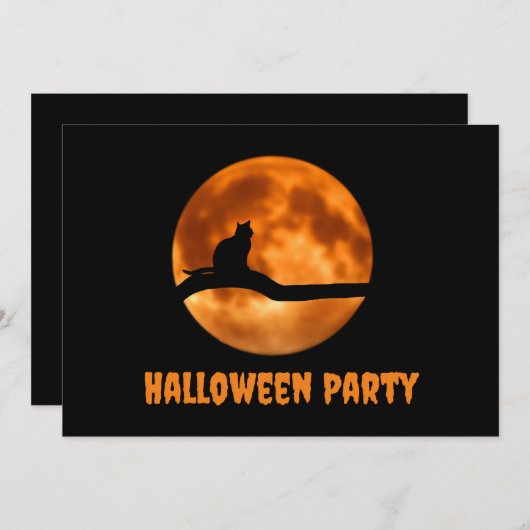 Black Cat Under Orange Moon Halloween Einladung (Vorne/Hinten)