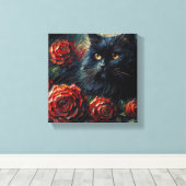 Black Cat unter Rote Rosen Goth Leinwanddruck (Insitu (Holzboden))