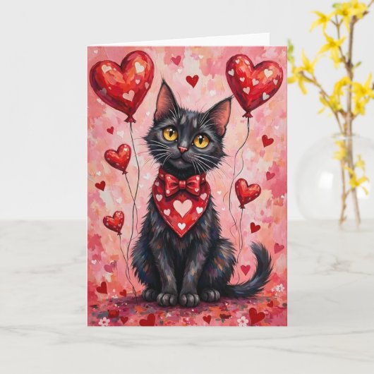 Black Cat Valentine Sitting with Hearts Red Karte (Gelbe Blume)