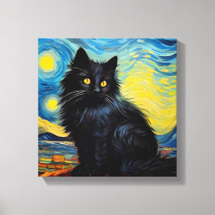 "Black Cat Van Gogh Sky Leinwanddruck