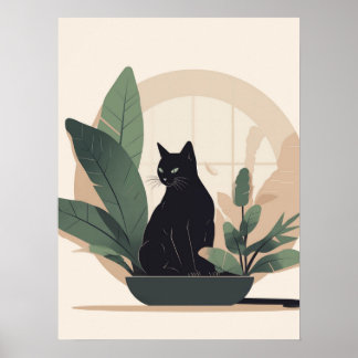 Black Cat Wall Art Minimalist Cat Boho Cat  Poster