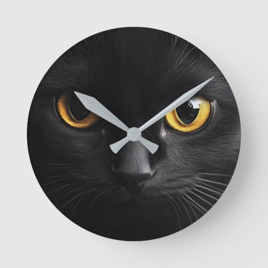 Black Cat Wall Clock with Striking Yellow Eyes - M Runde Wanduhr (Vorderseite)