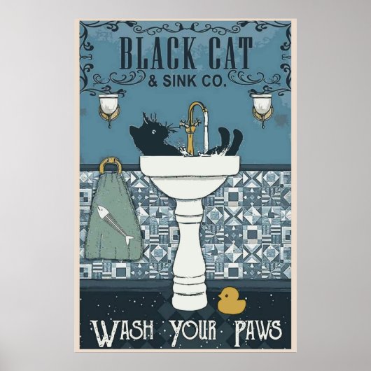 Black Cat Waschen Sie Ihre Paws Poster (Vorne)