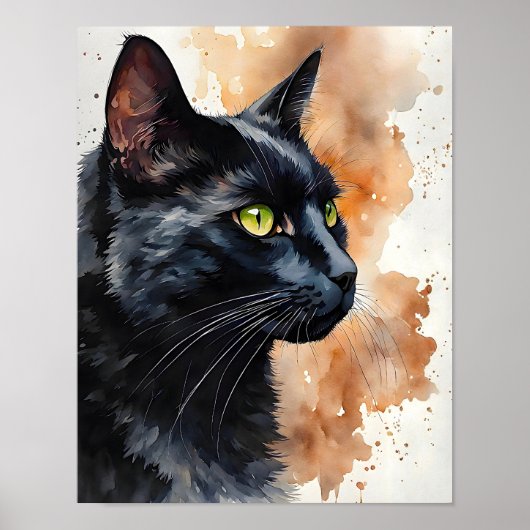 Black Cat Watercolor Elegant Feline Wall Art Print Poster (Vorne)
