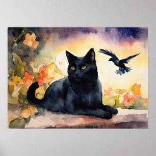 Black Cat Watercolor Wall Poster