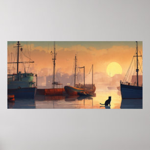 Black Cat Watercolor Wall Poster