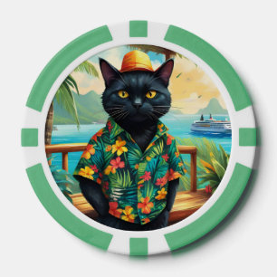 Black Cat Wearing Hawaiian Shirt und Hat Pokerchips