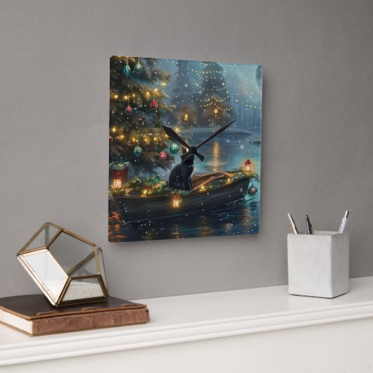 Black Cat Weihnachten Feierliche Reise Quadratische Wanduhr (Büro)
