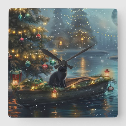 Black Cat Weihnachten Feierliche Reise Quadratische Wanduhr (Vorderseite)