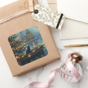 Black Cat Weihnachten Feierliche Reise Quadratischer Aufkleber