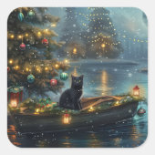 Black Cat Weihnachten Feierliche Reise Quadratischer Aufkleber (Vorderseite)