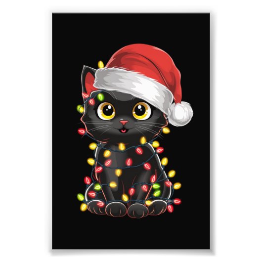 Black Cat Weihnachtsbaum Lichter Funny Santa Kitte Fotodruck (Vorne)