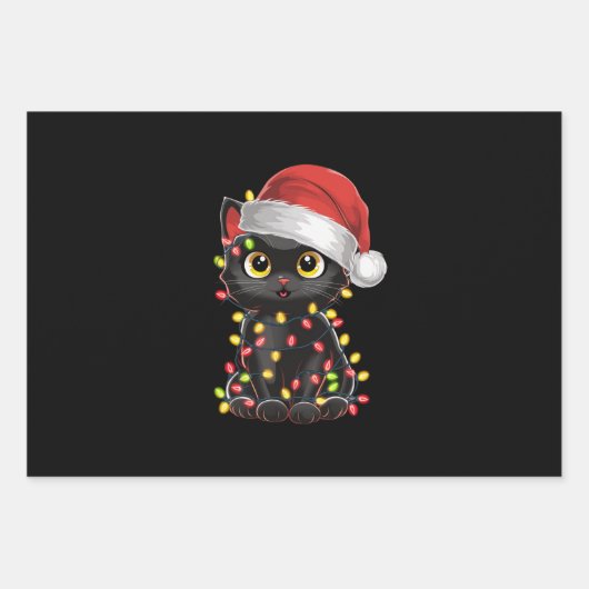 Black Cat Weihnachtsbaum Lichter Funny Santa Kitte Geschenkpapier Set (Vorderseite)