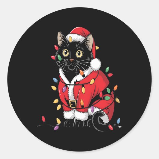 Black Cat Weihnachtsbaum Lichter Funny Santa Kitte Runder Aufkleber (Vorderseite)