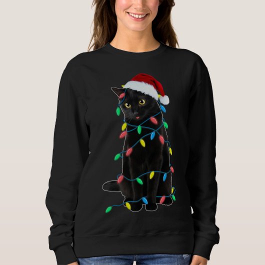 Black Cat Weihnachtsbaum Lichter Funny Santa Kitte Sweatshirt (Vorderseite)