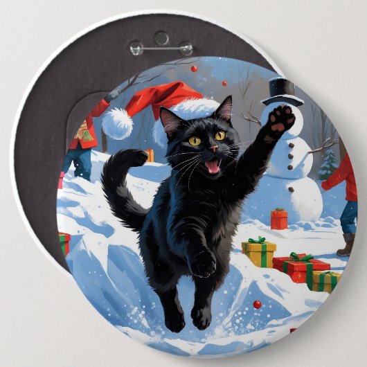 Black Cat Weihnachtsfest Schneeszene Button (Vorne & Hinten)