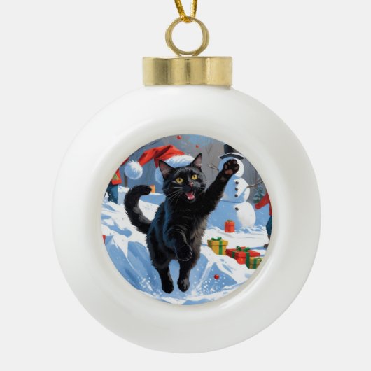 Black Cat Weihnachtsfest Schneeszene Keramik Kugel-Ornament (Vorderseite)