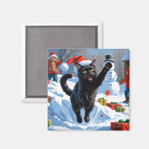 Black Cat Weihnachtsfest Schneeszene Magnet