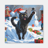 Black Cat Weihnachtsfest Schneeszene Magnet (Vorne)