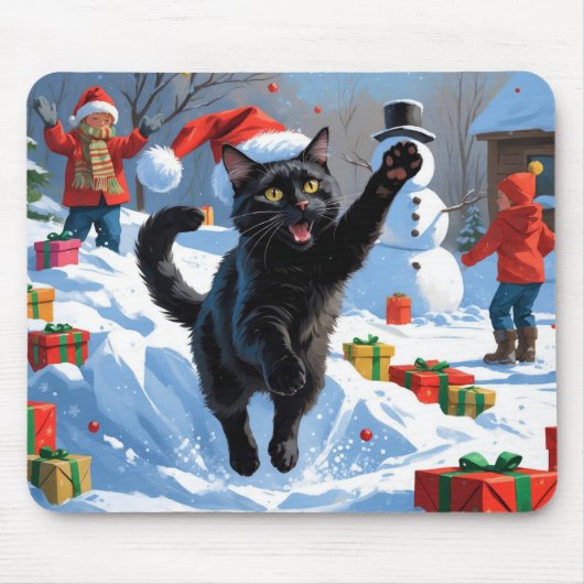 Black Cat Weihnachtsfest Schneeszene Mousepad (Vorne)